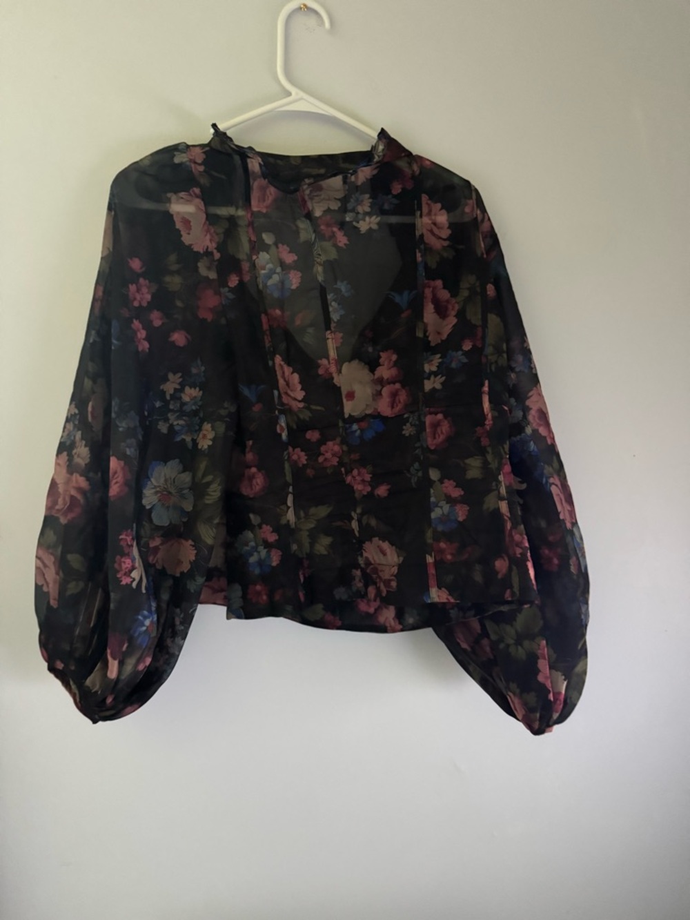 Anthropologie Black Sheer Floral Square-Neck Peasant Blouse - Picture 4 of 4